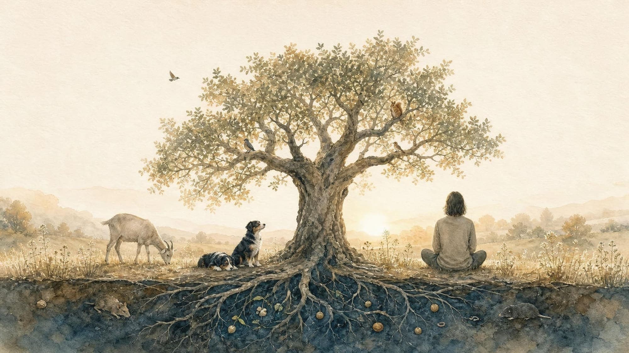 Ein alter Baum auf einer Wiese im Morgenlicht: in den Wurzeln Mäuse und Samen, in den Ästen Vögel und ein Eichhörnchen, am Fuß zwei Hunde und eine Ziege, daneben ein sitzender Mensch mit dem Rücken zum Betrachter