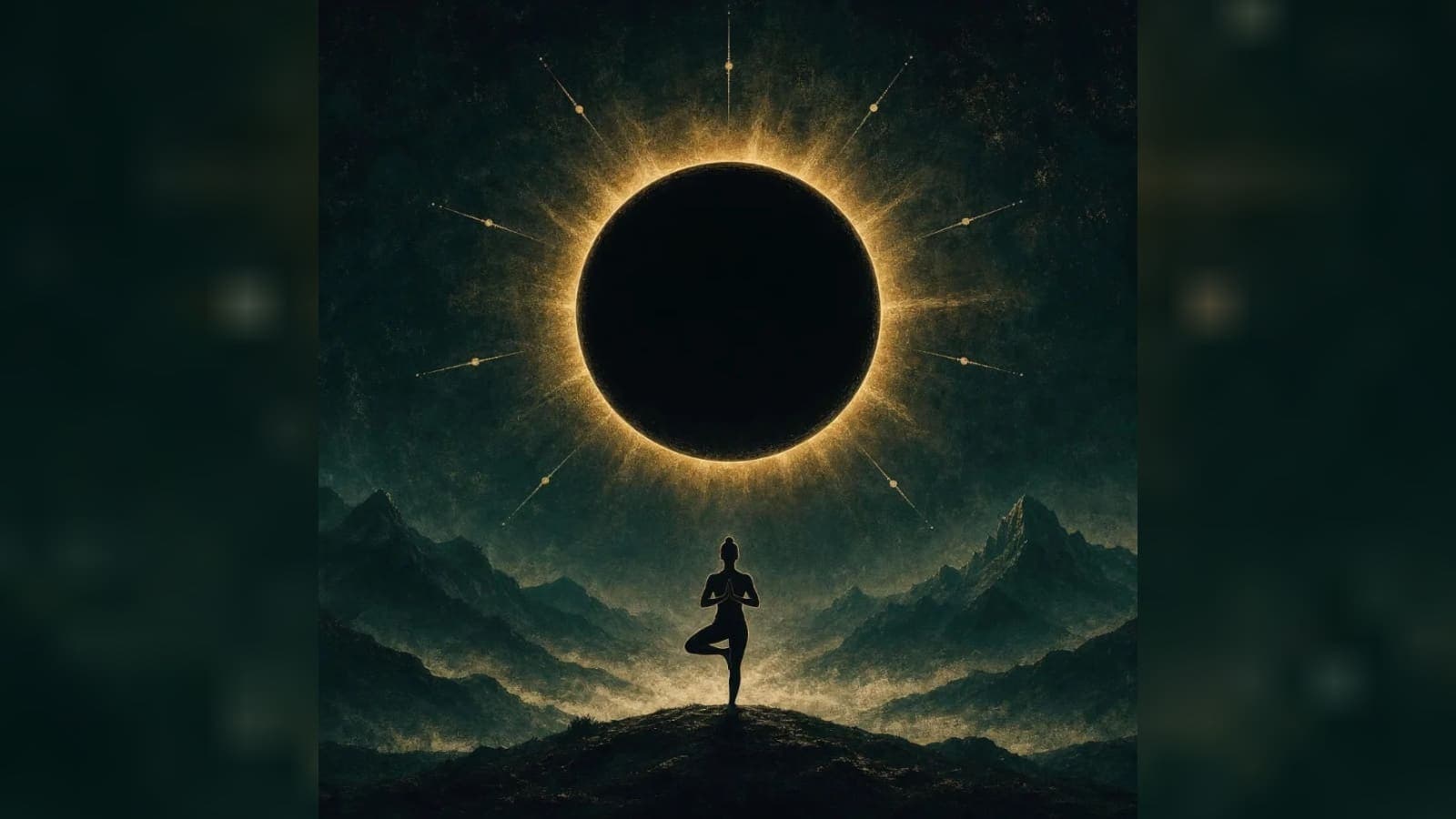 Silhouette in der Baumhaltung auf einem Hügel vor Bergketten, darüber eine verfinsterte Sonne mit goldenem Strahlenkranz