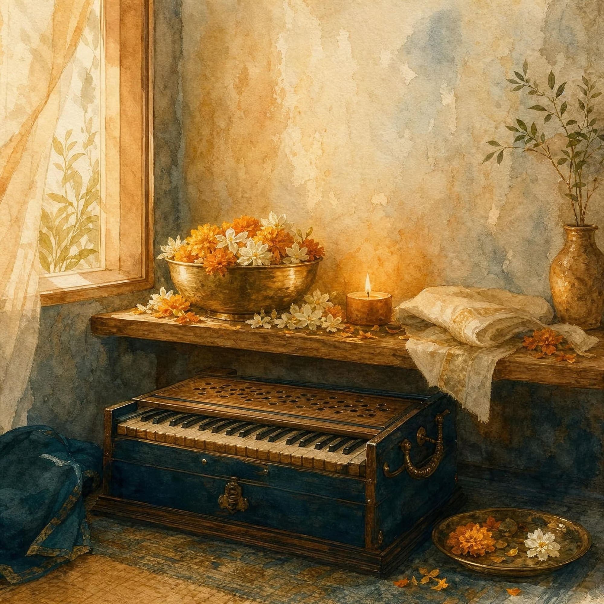 Ein kleiner Altar mit Blütenschale und Kerze, davor ein Harmonium