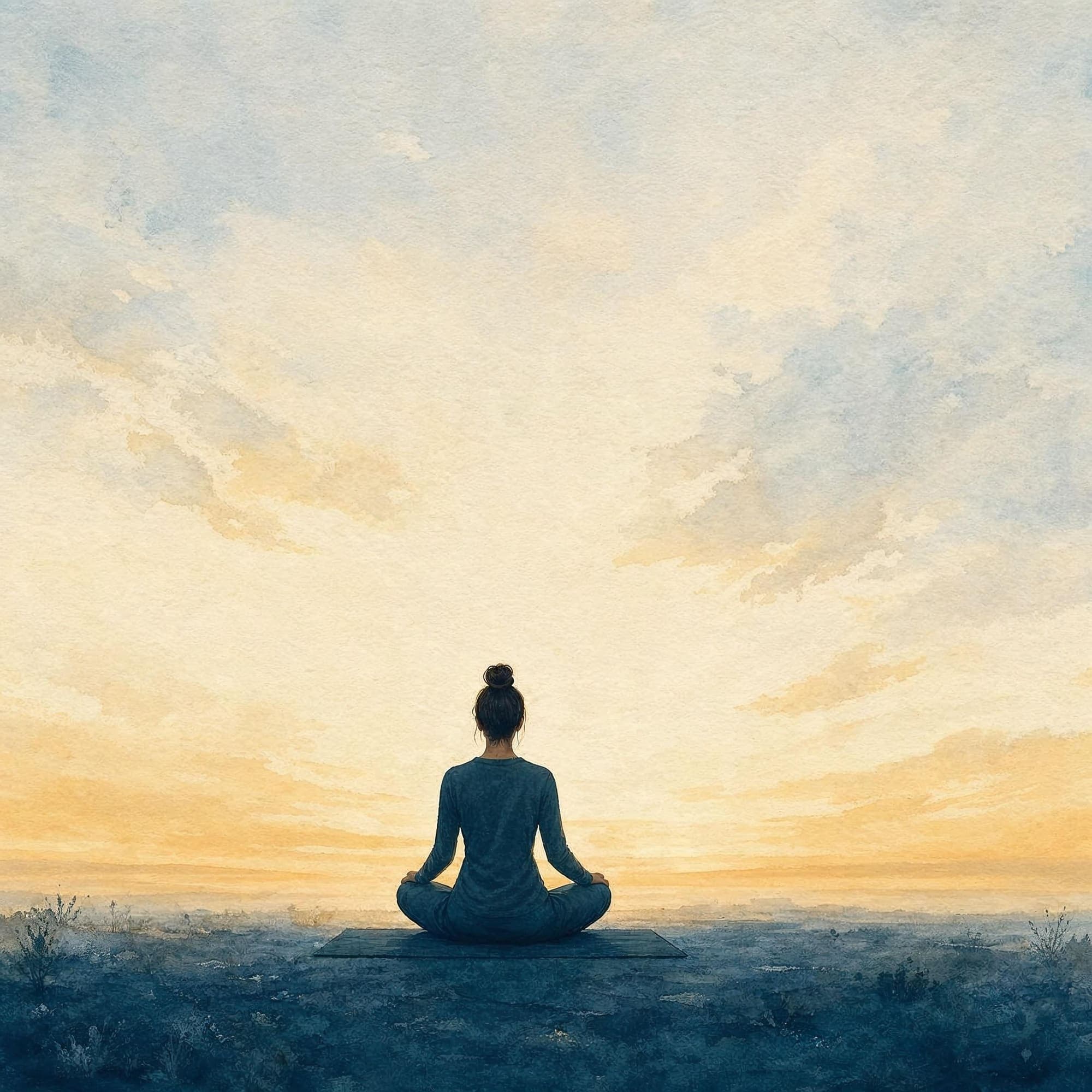 Eine Person sitzt im Meditationssitz auf einer Matte vor einem weiten Morgenhimmel, von hinten gesehen