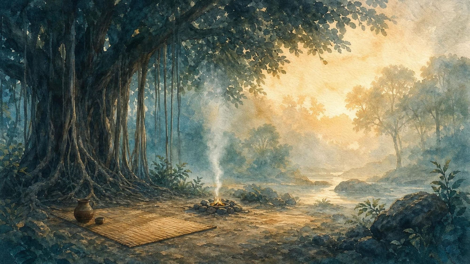 Eine Lichtung unter einem Banyanbaum mit Matte, Wasserkrug und kleinem Feuer im Morgennebel