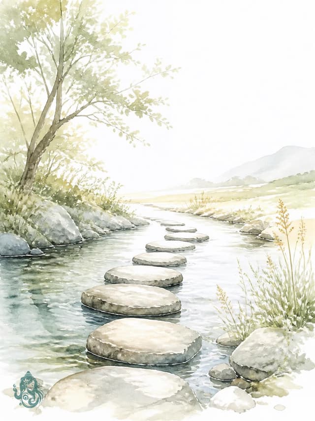 Bild in Großansicht öffnen Aquarell eines Bachs mit Trittsteinen, die Schritt für Schritt ans andere Ufer führen – Sinnbild für Veränderung durch eigene Schritte