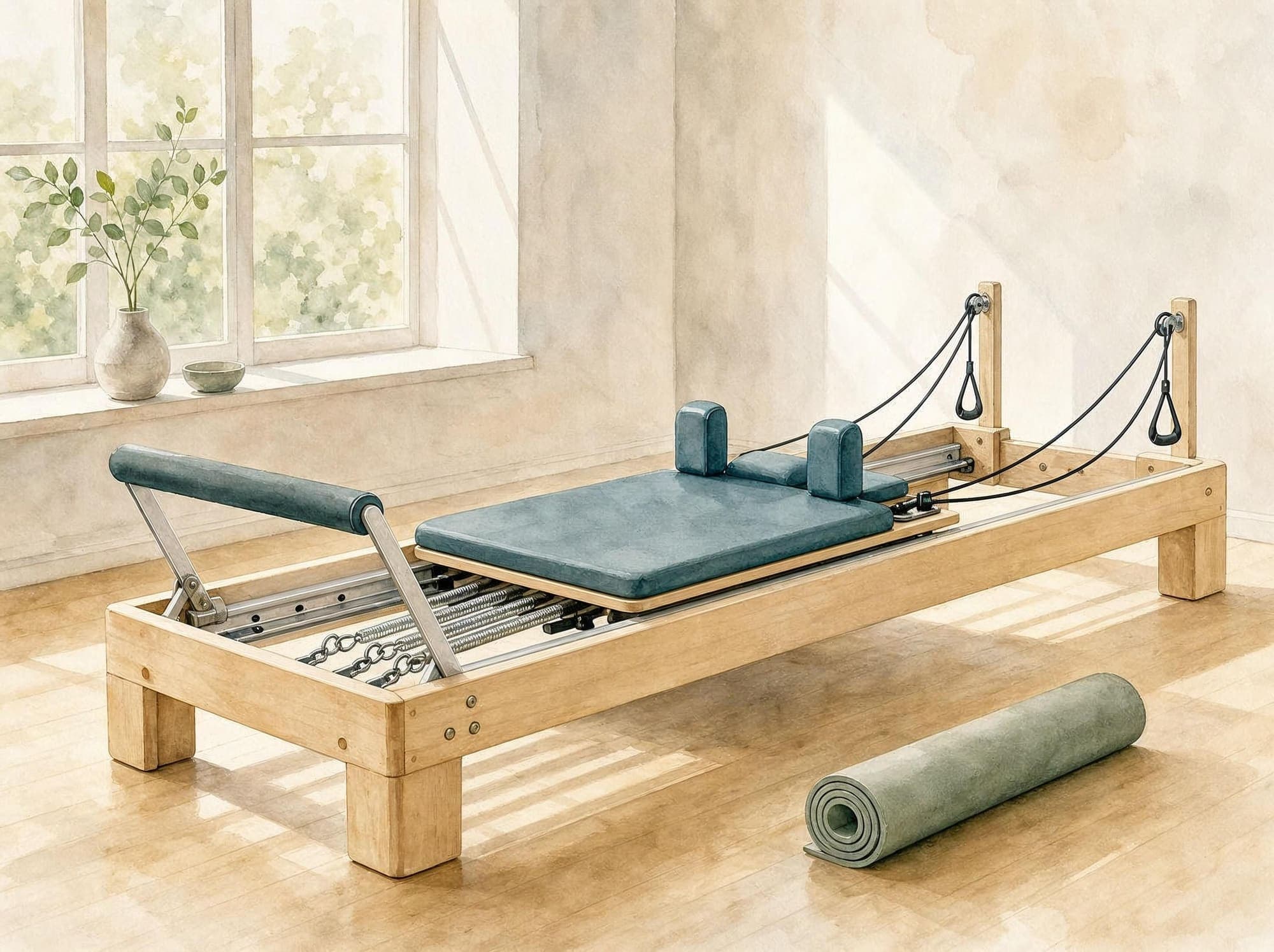 Bild vergrößern Aquarell: ein Pilates-Reformer mit Schlitten auf Schienen, Federn, Fußstange und Schlaufen, daneben eine eingerollte Matte