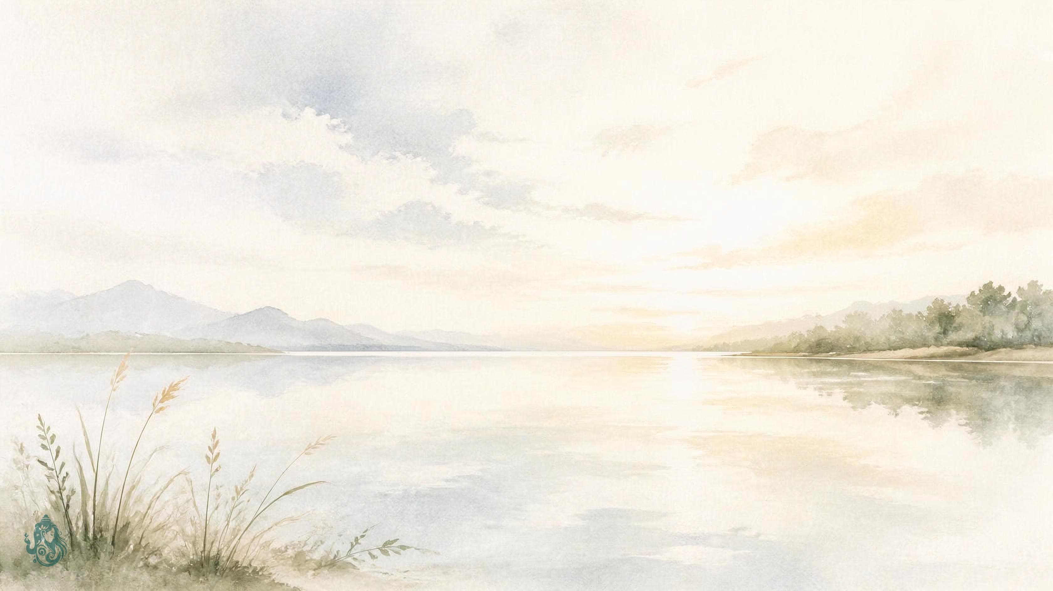 Bild in Großansicht öffnen Aquarell eines stillen Sees mit weitem Himmel und fernen Bergen – Sinnbild für einen offenen Ort, der weiter reicht als wir selbst