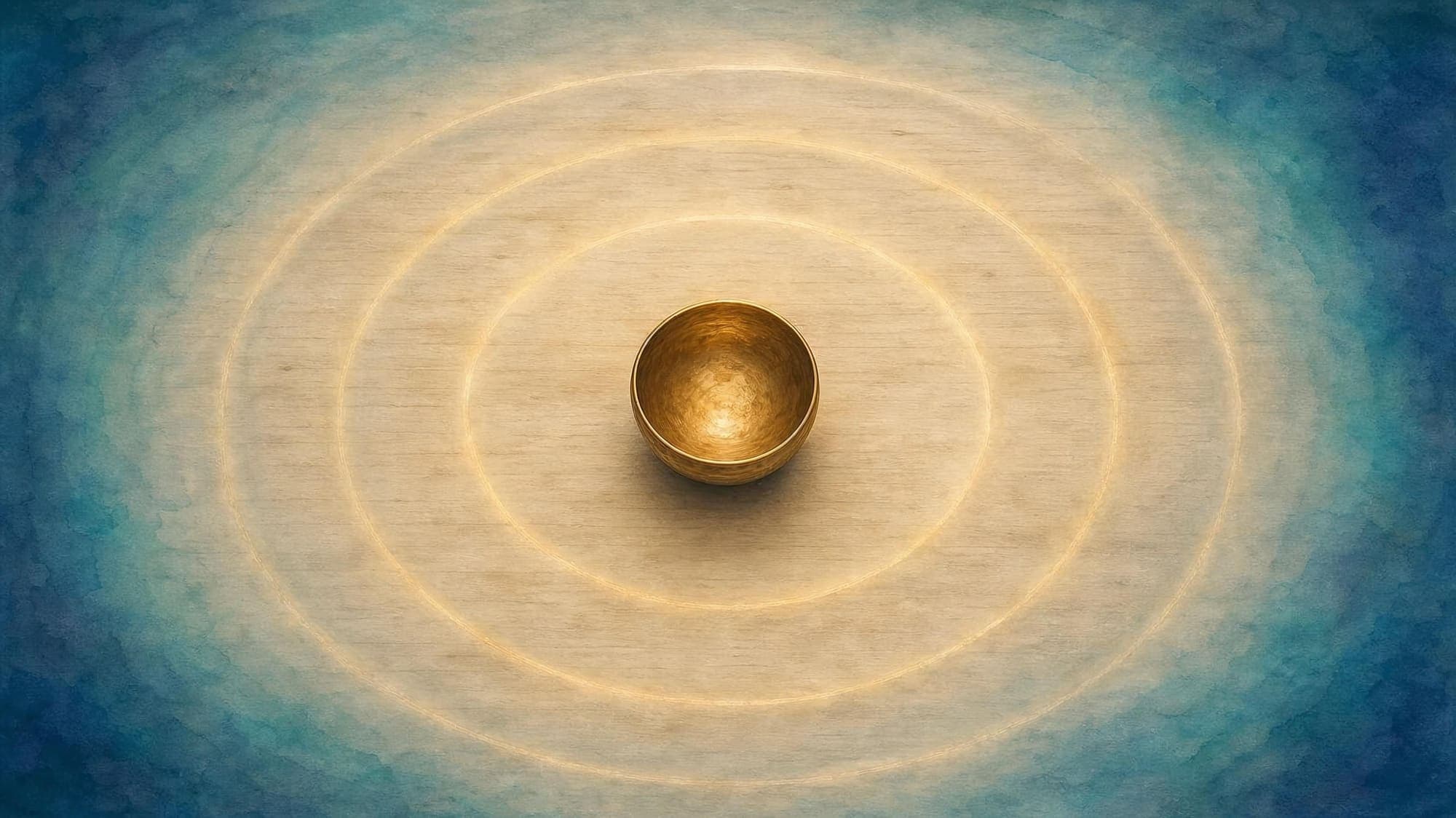 Bild vergrößern Eine Klangschale von oben, umgeben von konzentrischen Ringen aus goldenem Licht