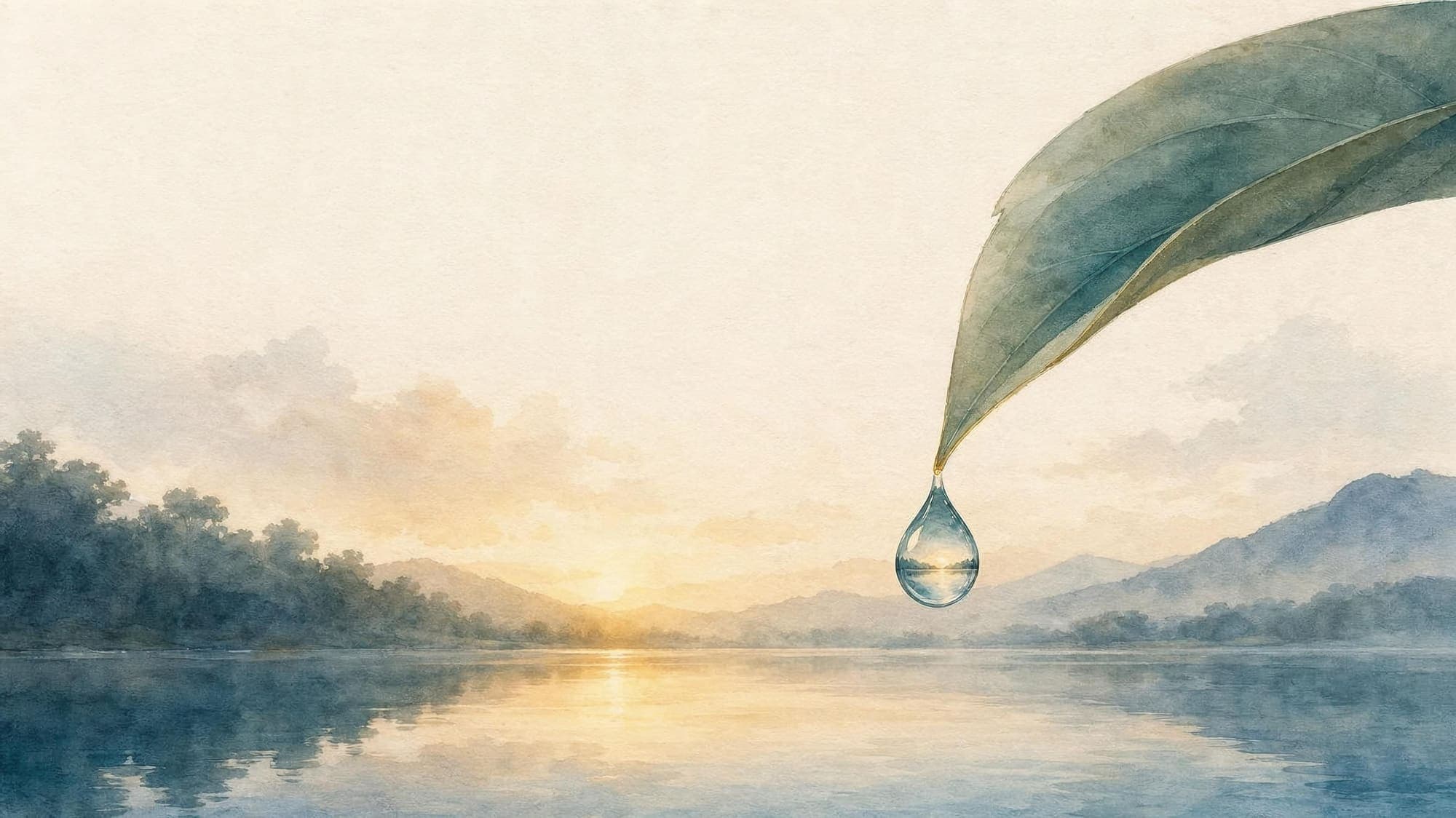 Bild vergrößern Ein Wassertropfen hängt an einer Blattspitze über einem stillen See und spiegelt die Landschaft