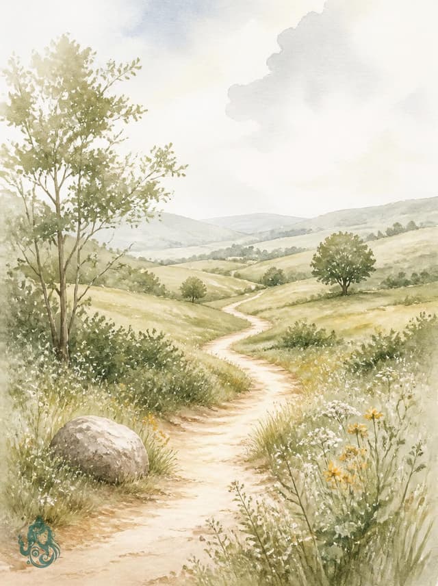 Bild in Großansicht öffnen Aquarell eines gewundenen Weges durch hügelige Wiesenlandschaft – Sinnbild für den eigenen Weg in deinem Tempo