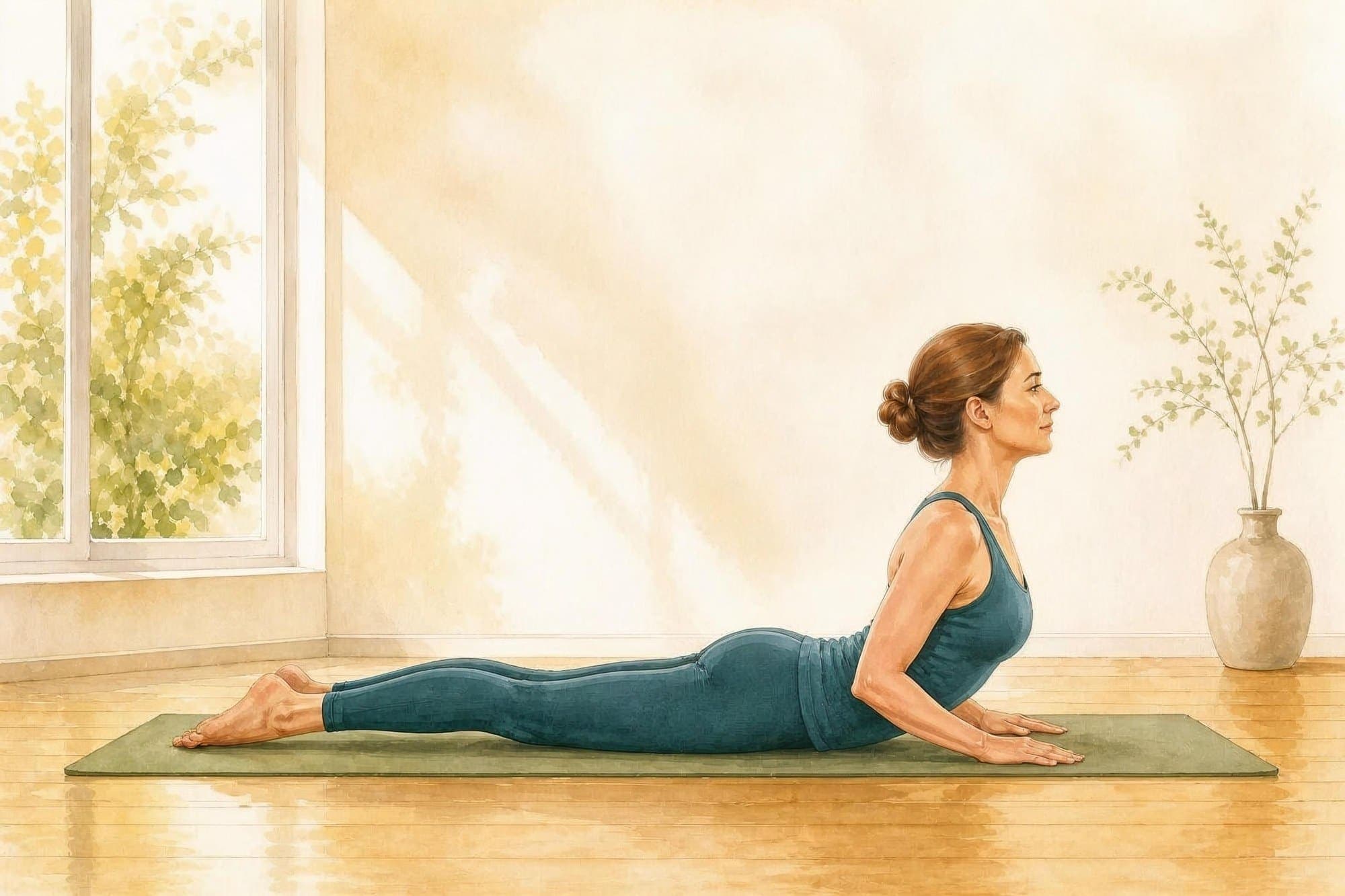 Bild vergrößern Aquarell: eine Frau in der kleinen Kobra auf einer Yogamatte, seitlich gesehen. Der Oberkörper ist leicht angehoben, die Ellbogen sind gebeugt, die Hände liegen vor der Brust auf der Matte, Becken und Beine bleiben am Boden.